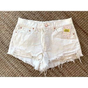 FREE PEOPLE White Denim Cut Off Shorts lace detail 27